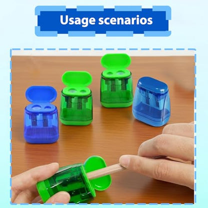 4PCS Dual Hole Pencil Sharpener Set with Container, Portable Manual Sharpeners for School Office Desk and Home Study Accessories(Blue,Green,F) - color: Blue,green