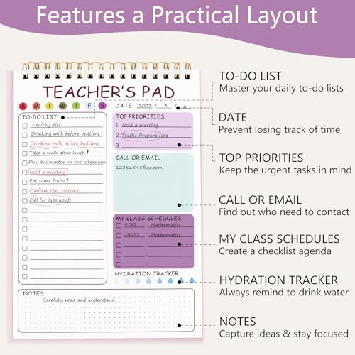 Teacher To Do List Notepad, 8.3x5.8 Inch Teacher Notepad, Spiral Checklist Notebook for Class Schedules, Daily Planner, School Tasks and Goal Setting (Purple) - color: Purple