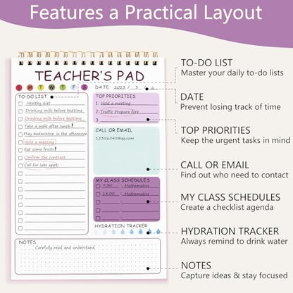 Teacher To Do List Notepad, 8.3x5.8 Inch Teacher Notepad, Spiral Checklist Notebook for Class Schedules, Daily Planner, School Tasks and Goal Setting (Purple) - color: Purple