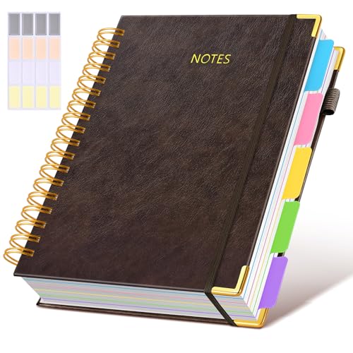 Hardcover Spiral Notebook Journal with Removable Dividers Tabs, 300 Pages Leather 5 Subject Notebook College Ruled, 8"x10" Large B5 Notebooks for Work School Note taking, Lined Journal for Men,Brown - color: Brown, size: 8"x10"