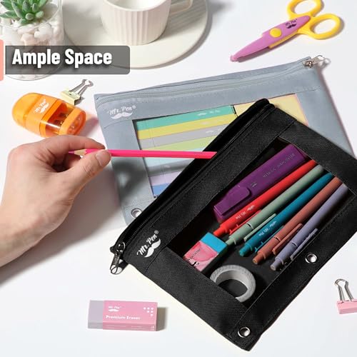 Mr. Pen- Pencil Pouch for 3 Ring Binder, 2 Pack, 10"x6.75", Smooth Zipper | Clear Window, Large Capacity Pencil Case with 3 Reinforced Grommets for School, Office, Supplies Storage | Clear Window, Large Capacity Pencil Case with 3 Reinforced Grommets for