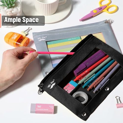 Mr. Pen- Pencil Pouch for 3 Ring Binder, 2 Pack, 10"x6.75", Smooth Zipper | Clear Window, Large Capacity Pencil Case with 3 Reinforced Grommets for School, Office, Supplies Storage | Clear Window, Large Capacity Pencil Case with 3 Reinforced Grommets for