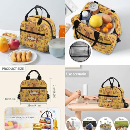 6-12 Girls School Bookbag Set with Insulated Lunch Box, Pencil Case & Water Bottle Holder - Cute Studying Capybara Lightweight Daypack for Back to School Season - color: Studying Capybara