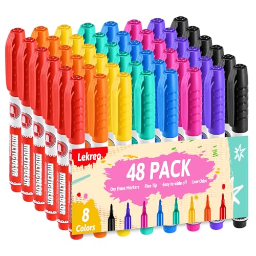 Dry Erase Markers, Fine Tip Whiteboard Marker, Low Odor Dry Marker, Fine Point Markers are pecfect for Whiteboard Mirrors Glass, Assorted Color Markers for School Office Home (48 Pack 8 Colors)