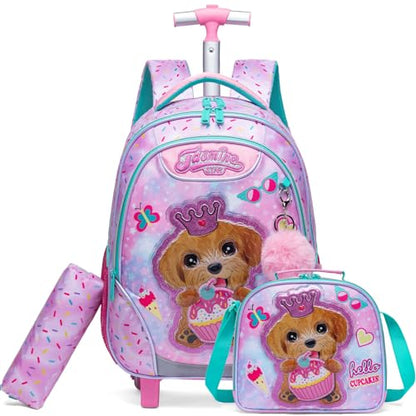 Kids Rolling Backpack for Girls Plush Material Dog Trolley Suitcases Luggage with Wheels Bookbag Wheeled 3pcs on Lunch Box Pencil Case Elementary Teenagers Pink for Girls Age 5-12 - color: Pink-0130-maoronggou