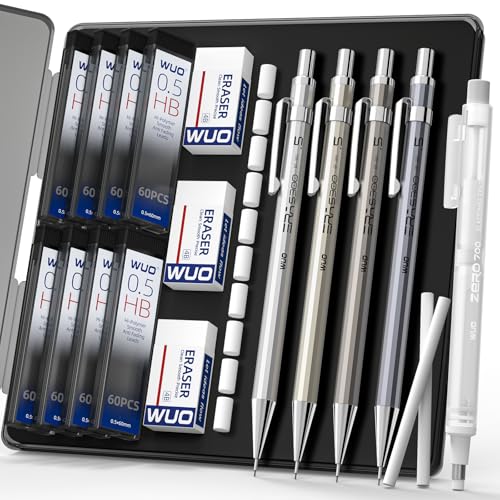 WUO 0.5mm Mechanical Pencil Set with Eraser Pen, 4PCS Metal Mechanical Pencils, 480 HB Lead Refills, 3PCS 4B Erasers, 10PCS Eraser Refills for Writing, Drafting, Drawing & Sketching
