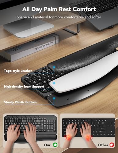 SABLUTE Wireless Keyboard and Mouse Combo with Ergonomic Wave Key | Leather Soft Palm Rest, 2.4G Full Size, 6-Button Mouse, 4-Level DPI, USB-A/C, MA12 Silent Set for PC, Laptop, Windows, macOS - color: Modern Black