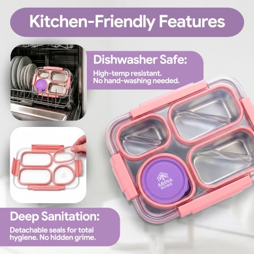 Large 10 x 7.5" Stainless Steel Bento Lunch Box with 4 Compartments Leakproof Lid BPA-Free 304 Stainless Steel Food Container That Keeps Food Separate for Adults and Kids School Office and Travel,Pink - color: Pink