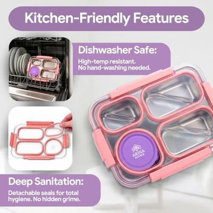 Large 10 x 7.5" Stainless Steel Bento Lunch Box with 4 Compartments Leakproof Lid BPA-Free 304 Stainless Steel Food Container That Keeps Food Separate for Adults and Kids School Office and Travel,Pink - color: Pink