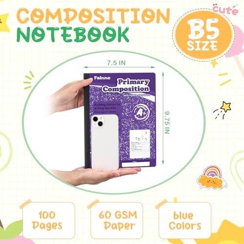 Fainne 30 Pack Primary Ruled Composition Notebook, Grade K-2 Journal 100 Pages, 7-1/2" x 9-3/4" Kindergarten Primary Drawing Story Notebook for Kids Drawing and Writing(Purple) - color: Purple