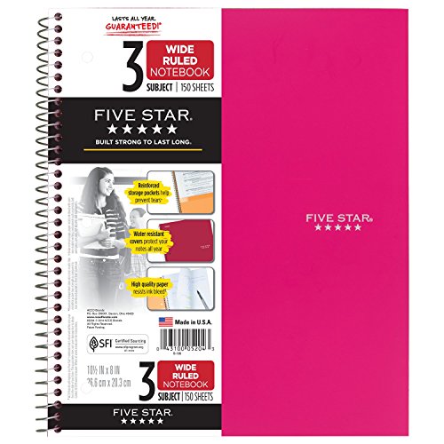 Five Star Spiral Notebook, 3 Subject, Wide Ruled Paper, 150 Sheets, 10-1/2" x 8" Sheet Size, Pink (73465) - color: Pink