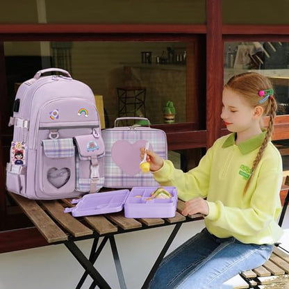 ACESAK Girls Backpack - Bento Box with Insulated Lunch Bag Pencil Case & Utensils Set for Kids, 6 Leakproof Compartments Removable Tray Lunches or Snack Container for School (Purple) - color: Purple