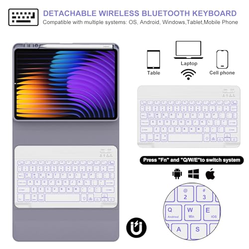 IVEOPPE Keyboard Case for Xiaomi Pad 8/8 Pro/Pad 7/7 Pro 11.2 Inch Backlit | 7 Color Backlit, Magnetic Detachable Wireless Bluetooth Keyboard, Pencil Holder, Stain Resistant Cover, Rechargeable - color: Lavender 032Backlit