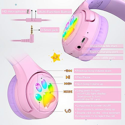 Riwbox CF9 Cat Ear Kids Bluetooth Headphones with LED Light Up,Safe 85dB Volume Limit,Built-in Mic&Boom Mic for Calls,Kids Wireless&Wired Headphones for Tablet/Airplane/School/Online Learning (Purple) - color: Purple