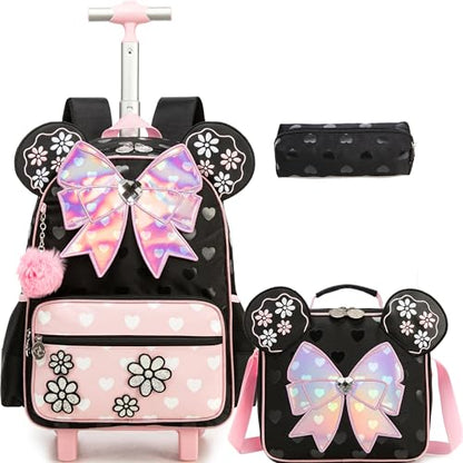 Meetbelify Backpack with Wheels for Girls Rolling Backpack Cute Carry on Backpack Kids Luggage with Lunch Box Pencil Case for Elementary Student - color: Bowknot Pink