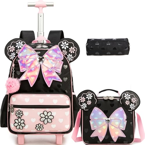 Meetbelify Backpack with Wheels for Girls Rolling Backpack Cute Carry on Backpack Kids Luggage with Lunch Box Pencil Case for Elementary Student - color: Bowknot Pink