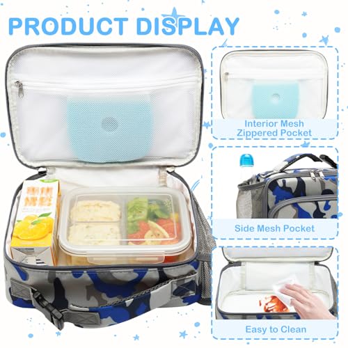FlowFly Kids Lunch box Insulated Soft Bag Mini Cooler Back to School Thermal Meal Tote Kit for Girls, Boys,Blue Camo - color: Blue Camo