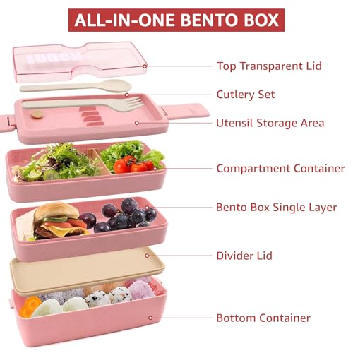 35Pcs Bento Box Japanese Lunch Box Kit Leakproof Lunchbox, Pink | Wheat straw 3 layer stackable lunch container with compartments and lunch bag for kids adults teens meal prep school office - color: Pink, size: 35Pcs