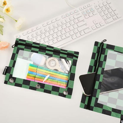 Darksage Chessboard Binder Pouches 3 Ring for Boys Girls School Office College Supplies Black Buffalo Plaid Seagreen Pencil Pouches Case Bag with Clear Window and Zipper 2 Pack - color: Darksage