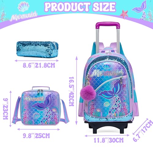 Meetbelify Girls Cute Backpack with Wheels for Elementary Students Kids Black Travel Luggage - color: Blue Mermaid