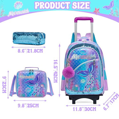 Meetbelify Girls Cute Backpack with Wheels for Elementary Students Kids Black Travel Luggage - color: Blue Mermaid