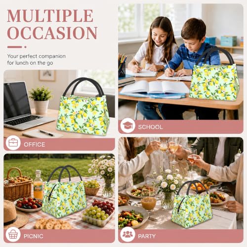 Lemon Reusable Lunch Bag,Green Leaf Insulated Small Lunch Box for Kids Adult Women,Leakproof Cooler Tote Bags for Student Teacher Work Camping Picnic School - color: Lemon