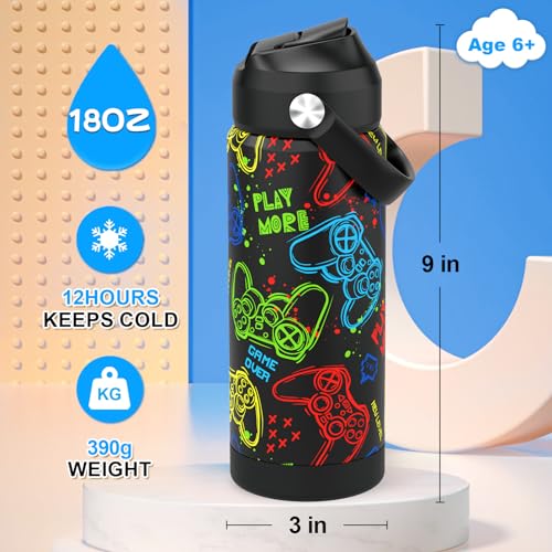 Boys Water Bottle with Straw,18 oz Kids Insulated Cups with Stainless Steel Leak Proof for School,Sport&Travel（Game） - color: A16.Graffitig-Game