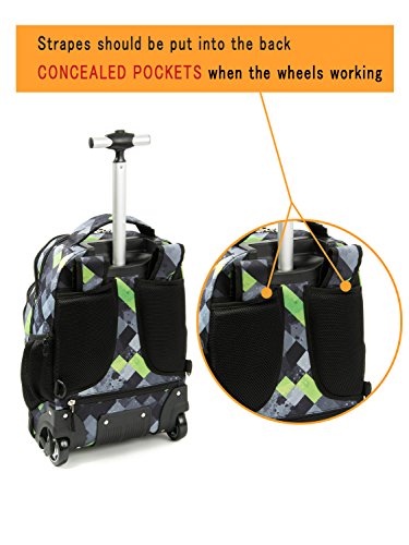 Tilami Rolling Backpack Armor Luggage School Travel Book Laptop 18 Inch Multifunction Wheeled Backpack for Kids and Students - color: Green Plaid