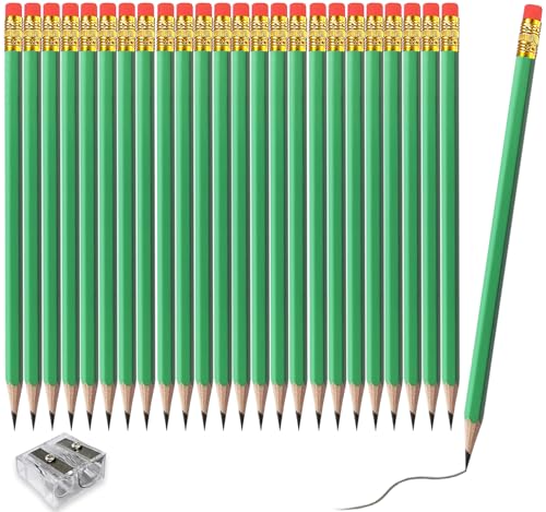Adhere 25pcs Woodcase Pencils with Eraser Premium Pre-Sharpened Hexagon Graphite 2B pencils ideal for home, office writing including a Free Sharpener (Light green・25pcs) - color: Light Green・25pcs