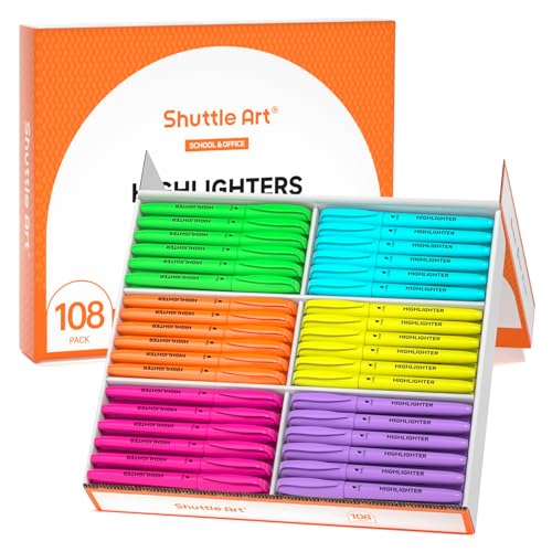 Shuttle Art 108 Pack Highlighters, Highlighters Assorted Colors Set, 6 Bright Colors Chisel Tip Dry-Quickly Non-Toxic Highlighter Markers Bulk for Adults Students Highlighting in Home School Office