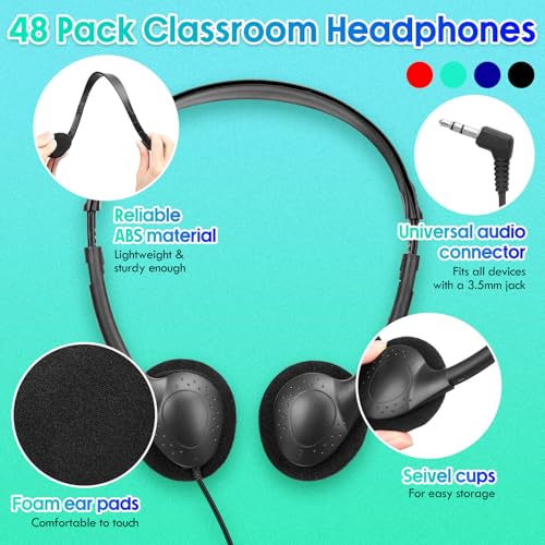 Frienda 48 Pack Classroom Headphones Bulk, Wired School Headsets for Students, Stereo Headphones with 3.5 mm Plug for Classroom, Online Learning, Library(Classic,Navy, Black, Red, Cyan) - color: Navy, Black, Red, Cyan, style: Classic