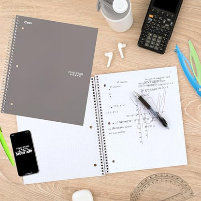 Five Star Spiral Notebook + Study App, 1 Subject, Graph Ruled Paper, 8-1/2" x 11", 100 Sheets, Fights Ink Bleed, Water Resistant Cover, Gray (620000AA3) - color: Gray, size: Pack of 1