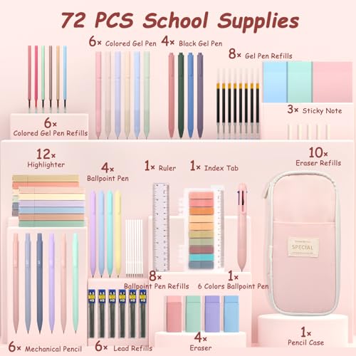 72 PCS Pink Pencil Case with Supplies, Back to School Supplies | Aesthetic School Supplies, Stationery Set for College, 12 Highlighters, 10 Gel Pens, 6 Mechanical Pencils