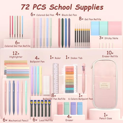72 PCS Pink Pencil Case with Supplies, Back to School Supplies | Aesthetic School Supplies, Stationery Set for College, 12 Highlighters, 10 Gel Pens, 6 Mechanical Pencils
