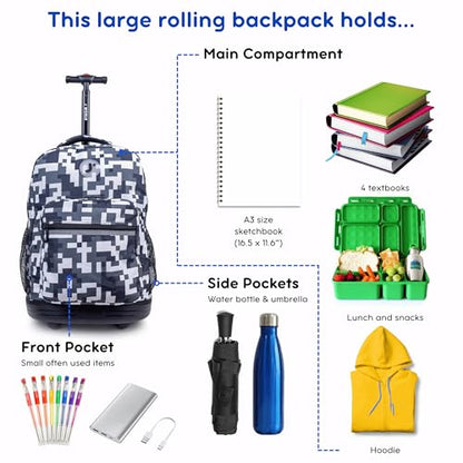 J World Sunrise Kids Rolling Backpack with Wheels for Girls Boys, Roller Bookbag for School, 18 x 13 x 9 Inches, Camo - color: Camo