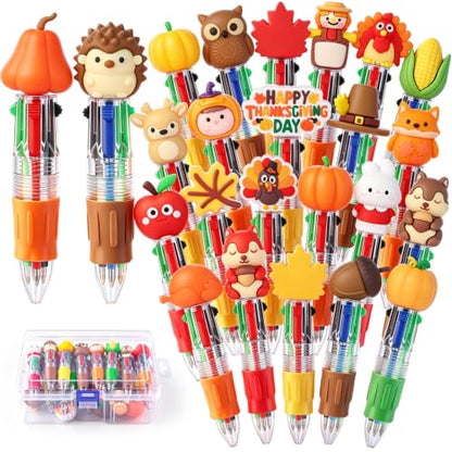 Vellibring 24 Pcs Thanksgiving Pens, Fun Autumn 4-in-1 Maple Leaf Pumpkin Turkey Animal Character MultiColor Pens Fall Harvest Party Favor Classroom Reward Stationery Gift - style: Thanksgiving-24pcs