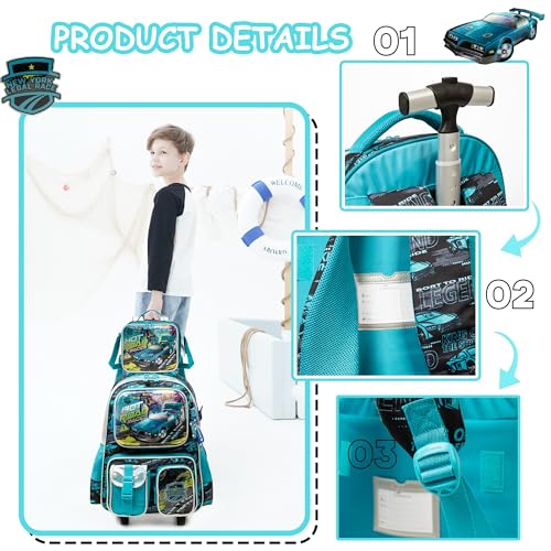 Meetbelify Kids Rolling Backpack with Wheels for Boys Rolling Backpacks with Lunch Box for Elementary School Students 3 in 1 Travel Luggage Suitcase for Boys Age 8-10 - color: Boy 04