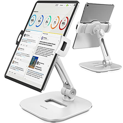 AboveTEK Tablet Stand Holder, Stylish Aluminum iPad Stands, Foldable 360° Swivel iPad iPhone Table Stand Holder fits 4-11" Tablets/Smartphones for Kitchen Bedside Office POS Showroom Reception (White) - color: White, size: 4"-11"