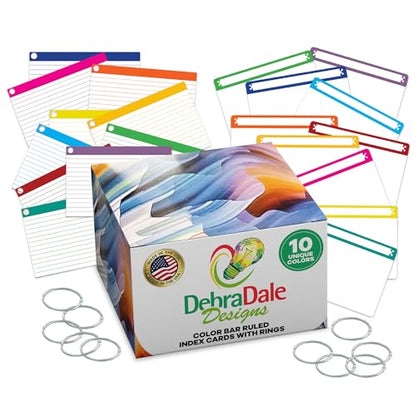MADE IN USA – Debra Dale Designs Ruled Index Cards with Rings – 350-Pack 4"x6" 110lb – Color Bar Set with 10 Dividers & Storage Box