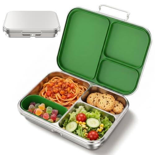 Pawtong Stainless Steel Bento Box for Kids and Adults, 3 Compartment Leakproof Lunch Box with Removable Silicone Seal and Silicone Contianer, Metal Lunch Container for School, Work and Travel (Green) - color: Green