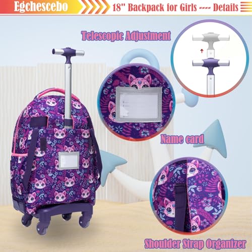 Kids Rolling Backpack for Girls Cats Suitcases Trolley Roller Luggage Backpacks with 360° Rotating Wheels 15" Laptop Lunch Box Pencil Case for Elementary 18" Travel School Bag Purple - color: Purple-maomi-1220