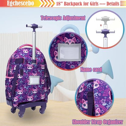 Kids Rolling Backpack for Girls Cats Suitcases Trolley Roller Luggage Backpacks with 360° Rotating Wheels 15" Laptop Lunch Box Pencil Case for Elementary 18" Travel School Bag Purple - color: Purple-maomi-1220