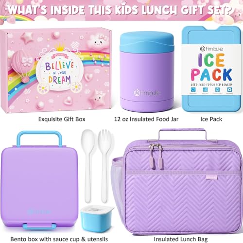 Fimibuke Kids Bento Snack Lunch Box with Thermo Insulated Toddler Lunch Bag | Lunch Box Kids with 4 Compartment, Food Jar, Ice Pack, Utensils, Birthday Gifts for Ages 3-12 Back to School Toddler Girl Boy - color: B2.Purple & Blue