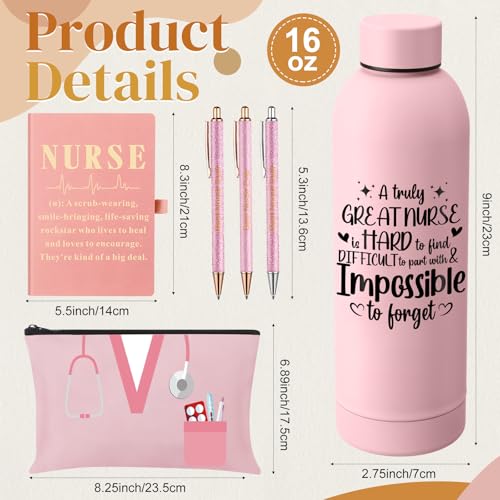 6 Pcs Nurse Gifts Set for Women Men, Rn Appreciation Thank You Gift for Nurses Week Graduation Birthday, 16oz Vacuum Insulated Water Bottle, Makeup Bag, Notebook, Ballpoint Pens(Pink) - color: Pink