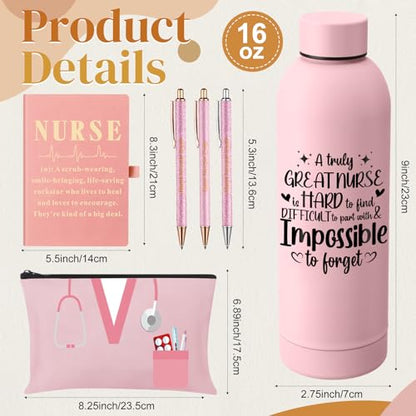 6 Pcs Nurse Gifts Set for Women Men, Rn Appreciation Thank You Gift for Nurses Week Graduation Birthday, 16oz Vacuum Insulated Water Bottle, Makeup Bag, Notebook, Ballpoint Pens(Pink) - color: Pink