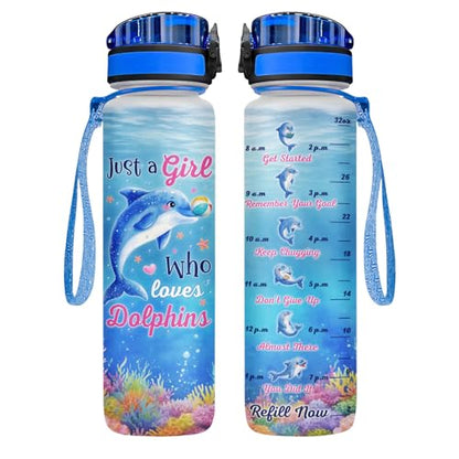 34HD Dolphin Water Bottle with Time Marker & Straw 32 oz, Just A Girl Who Loves Dolphins, Birthday Gifts for Women & Girls Cute Ocean Life Merch Aesthetic Sea Animal - color: Blue dolphin