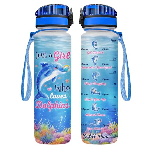34HD Dolphin Water Bottle with Time Marker & Straw 32 oz, Just A Girl Who Loves Dolphins, Birthday Gifts for Women & Girls Cute Ocean Life Merch Aesthetic Sea Animal - color: Blue dolphin