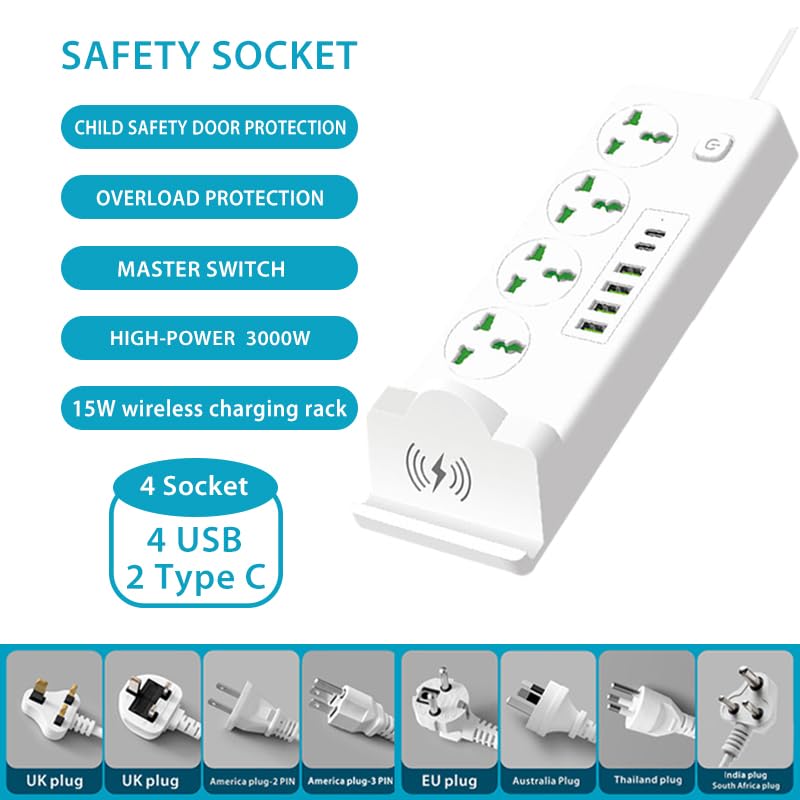Universal Power Strip with 4 AC Outlets, 4*USB-A & 2*USB-C Ports, Fast Wireless Charging Stand, Surge Protector Extension Cord, Overload Protection Multi-Device Charging Station for Home & Office