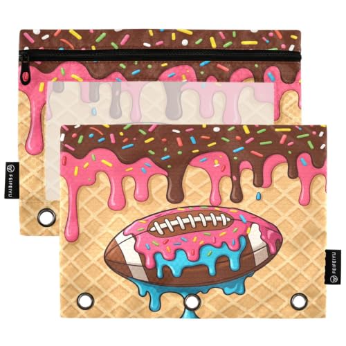 Gredecor 3 Ring Binder Pencil Pouch, American Football Ice Cream Zippered Pen Case Pouches with Clear Window, 2 Pack Stylish Office & School Supplie - color: American Football Ice Cream