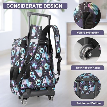 Tilami Rolling Backpack for Kids 18 Inch Double Handle Wheeled Bookbag for Boys & Girls for School & Travel,Butterfly - color: Butterfly